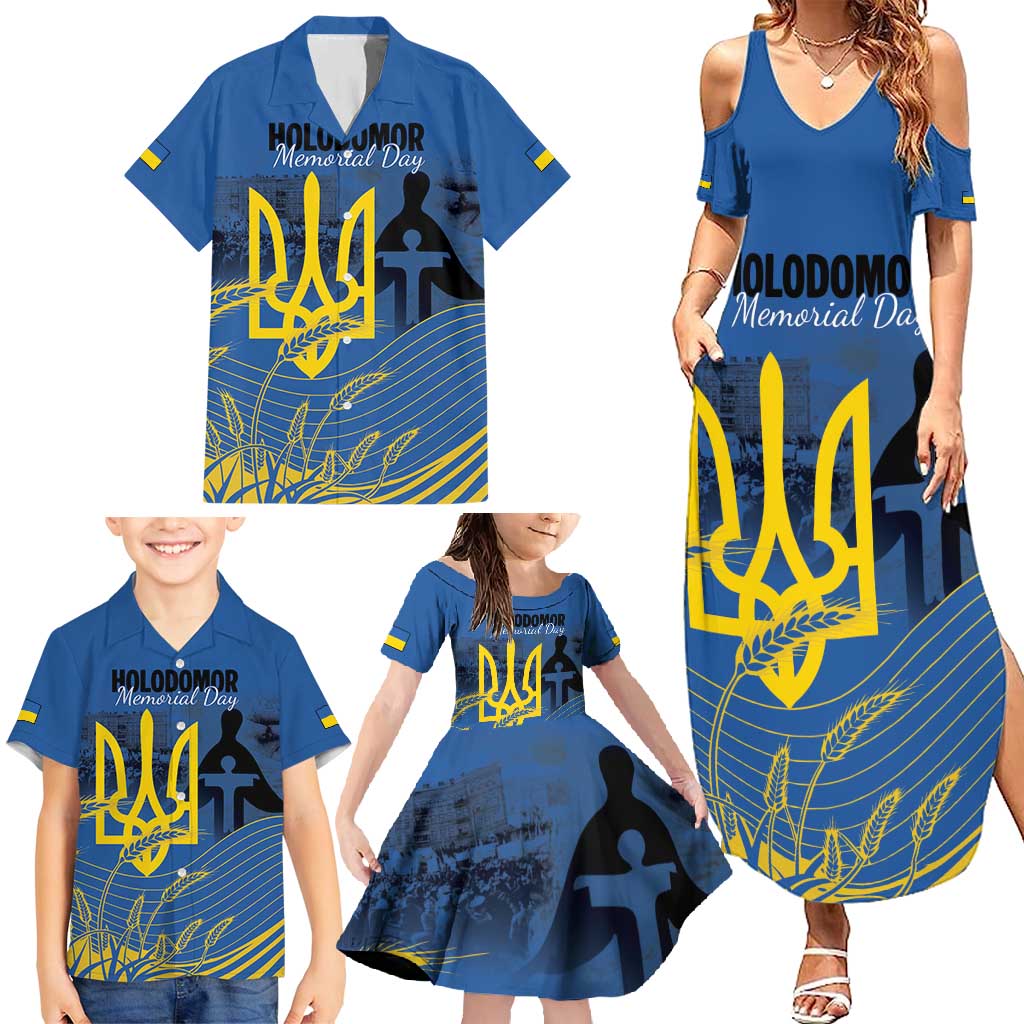 Personalized Holodomor Memorial Day Family Matching Summer Maxi Dress and Hawaiian Shirt Ukrainian Trident And Wheat Remembrance - Wonder Print Shop