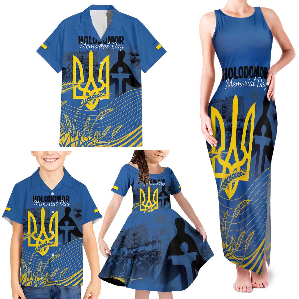 Personalized Holodomor Memorial Day Family Matching Tank Maxi Dress and Hawaiian Shirt Ukrainian Trident And Wheat Remembrance - Wonder Print Shop