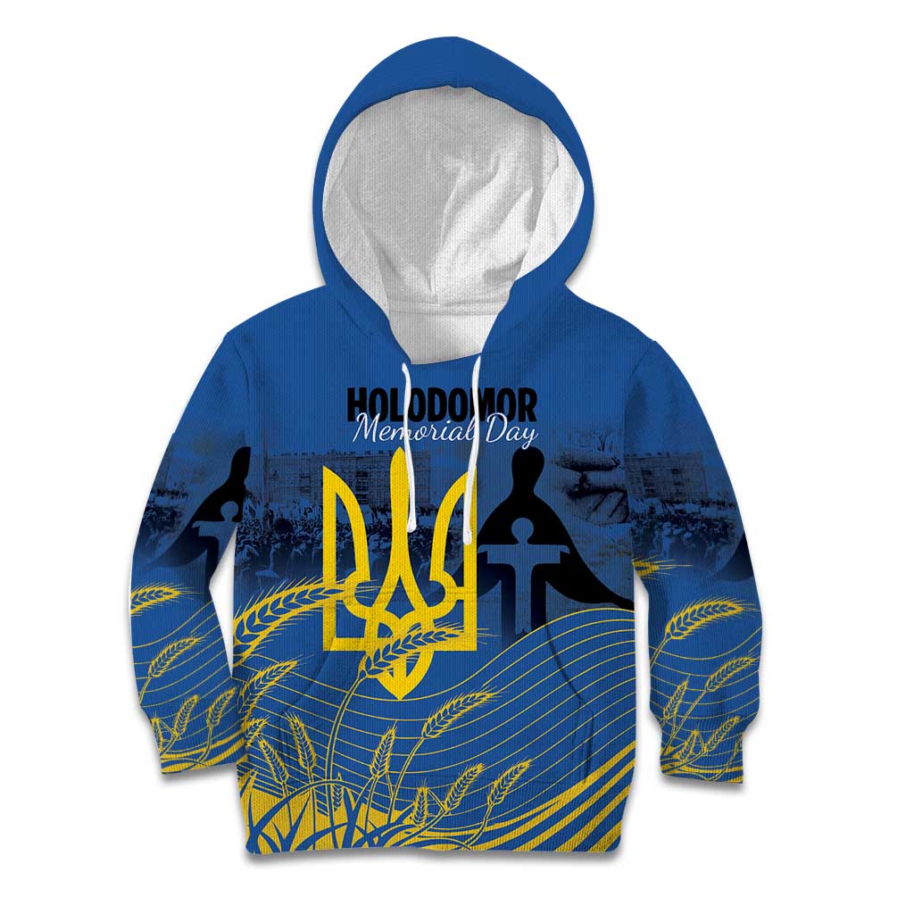 Personalized Holodomor Memorial Day Kid Hoodie Ukrainian Trident And Wheat Remembrance - Wonder Print Shop
