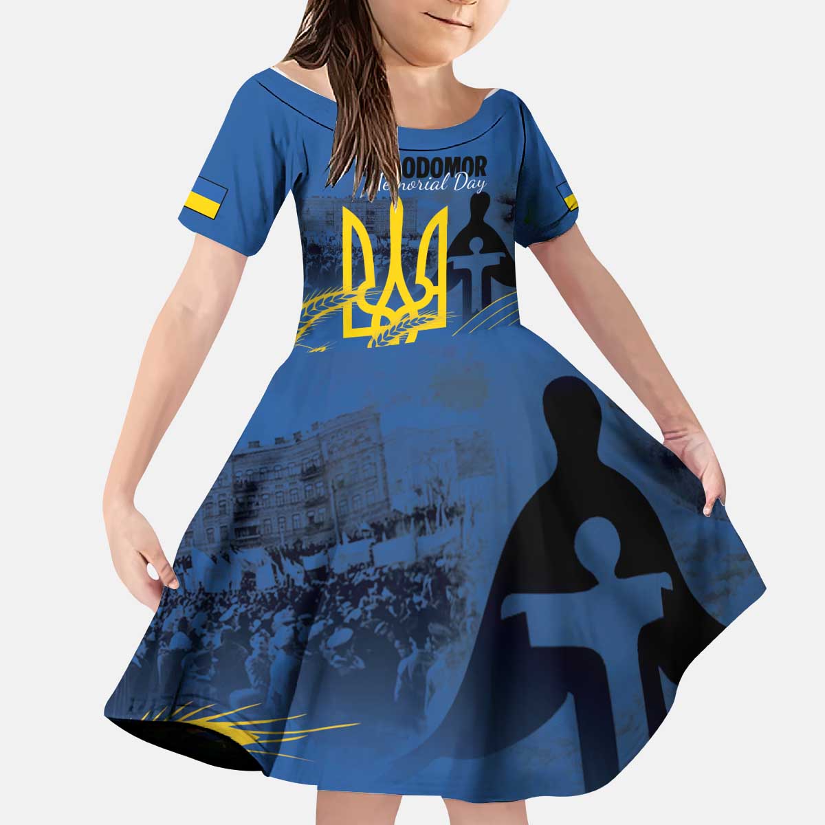 Personalized Holodomor Memorial Day Kid Short Sleeve Dress Ukrainian Trident And Wheat Remembrance - Wonder Print Shop