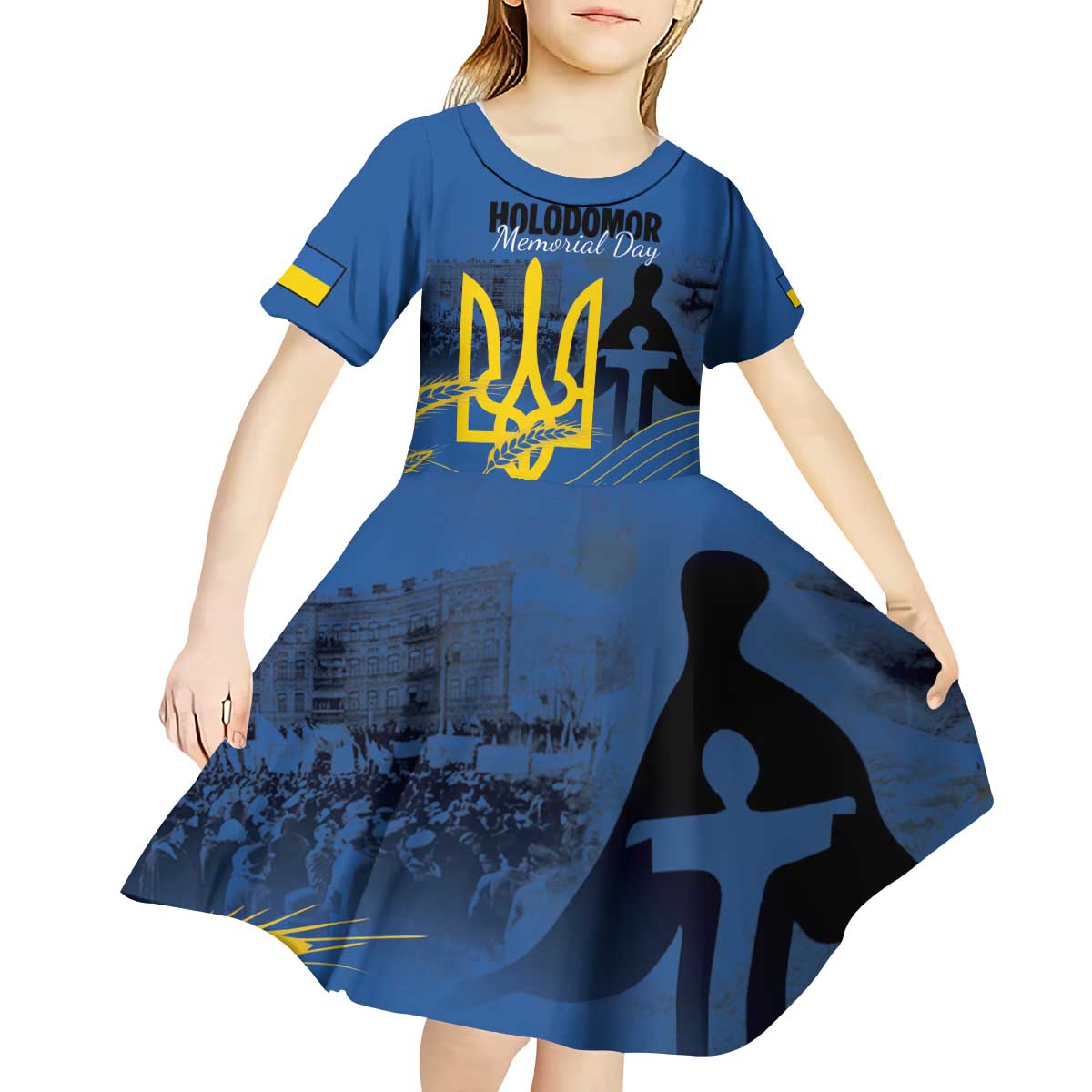Personalized Holodomor Memorial Day Kid Short Sleeve Dress Ukrainian Trident And Wheat Remembrance - Wonder Print Shop