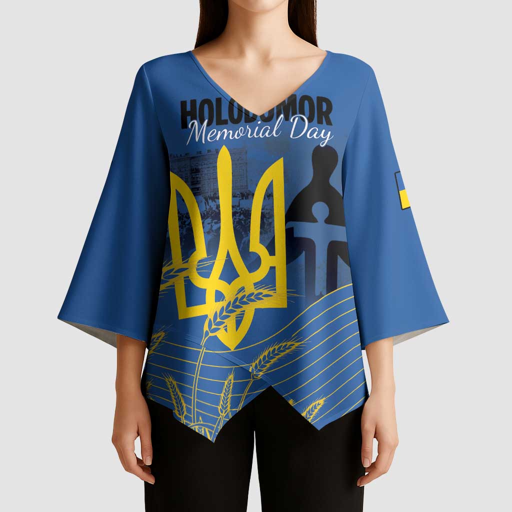 Personalized Holodomor Memorial Day Kimono Sleeve Blouse Ukrainian Trident And Wheat Remembrance - Wonder Print Shop