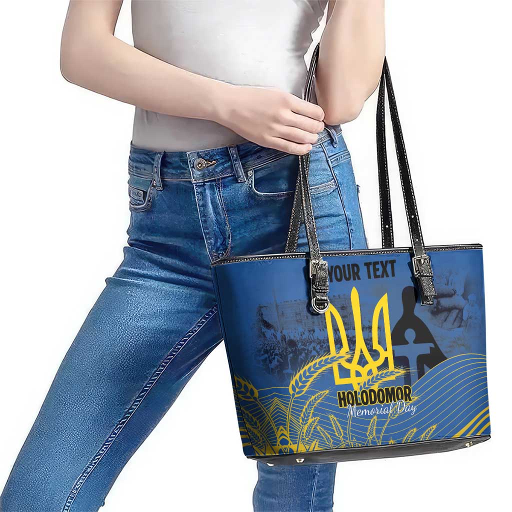 Personalized Holodomor Memorial Day Leather Tote Bag Ukrainian Trident And Wheat Remembrance - Wonder Print Shop