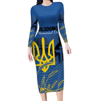 Personalized Holodomor Memorial Day Long Sleeve Bodycon Dress Ukrainian Trident And Wheat Remembrance - Wonder Print Shop