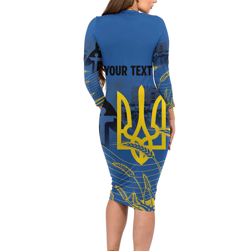 Personalized Holodomor Memorial Day Long Sleeve Bodycon Dress Ukrainian Trident And Wheat Remembrance - Wonder Print Shop