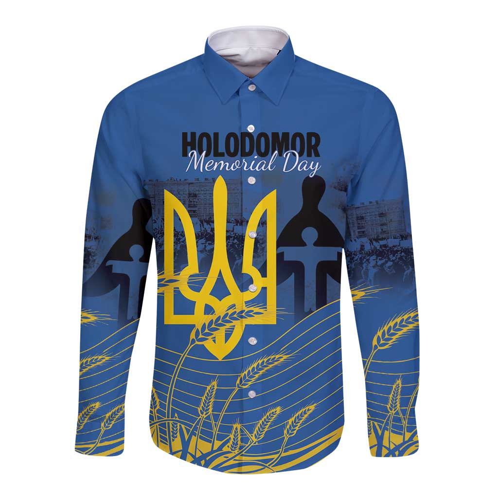 Personalized Holodomor Memorial Day Long Sleeve Button Shirt Ukrainian Trident And Wheat Remembrance - Wonder Print Shop
