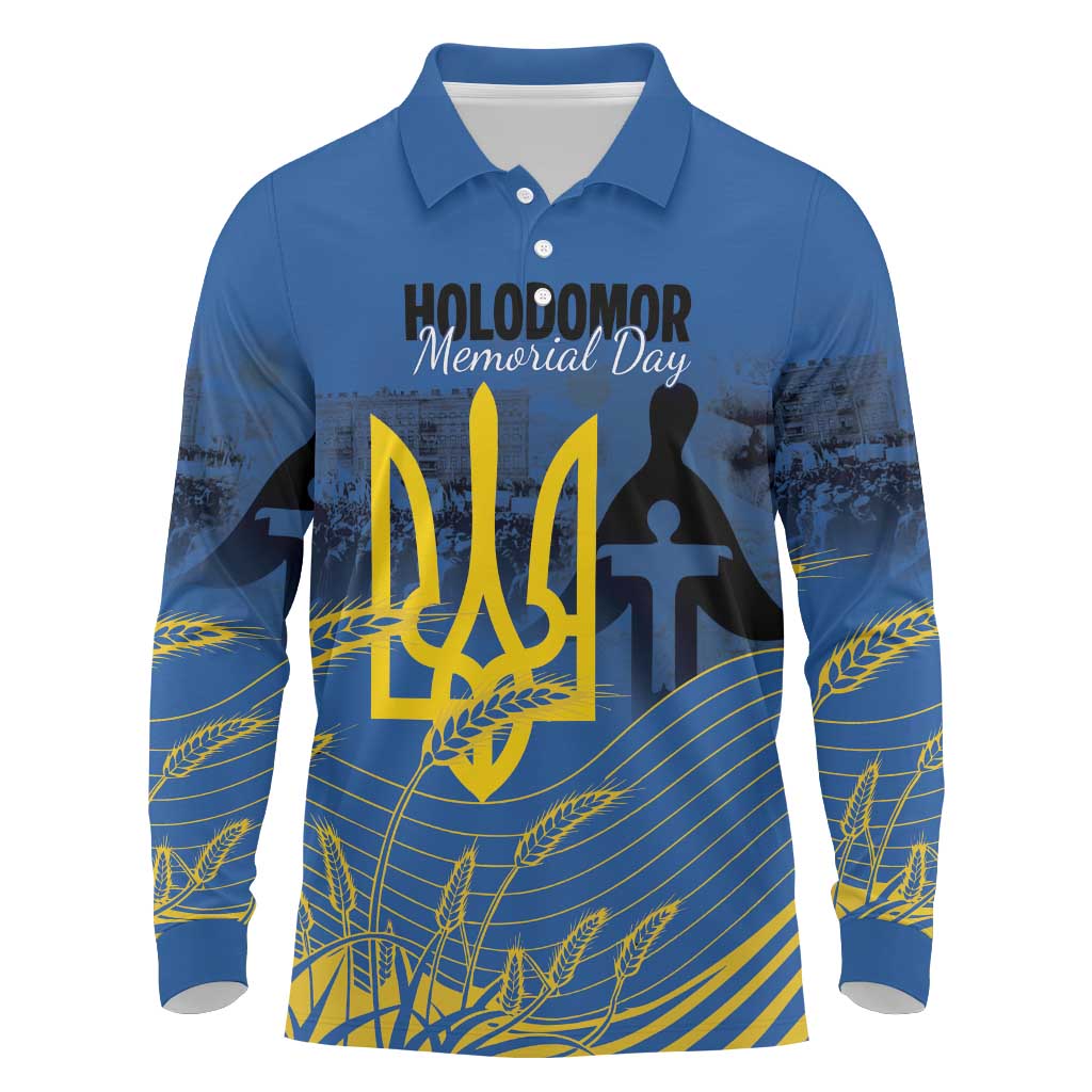 Personalized Holodomor Memorial Day Long Sleeve Polo Shirt Ukrainian Trident And Wheat Remembrance - Wonder Print Shop
