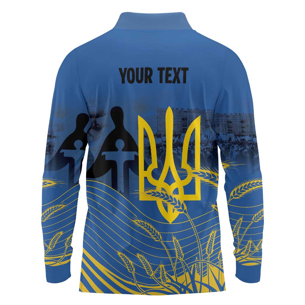 Personalized Holodomor Memorial Day Long Sleeve Polo Shirt Ukrainian Trident And Wheat Remembrance - Wonder Print Shop