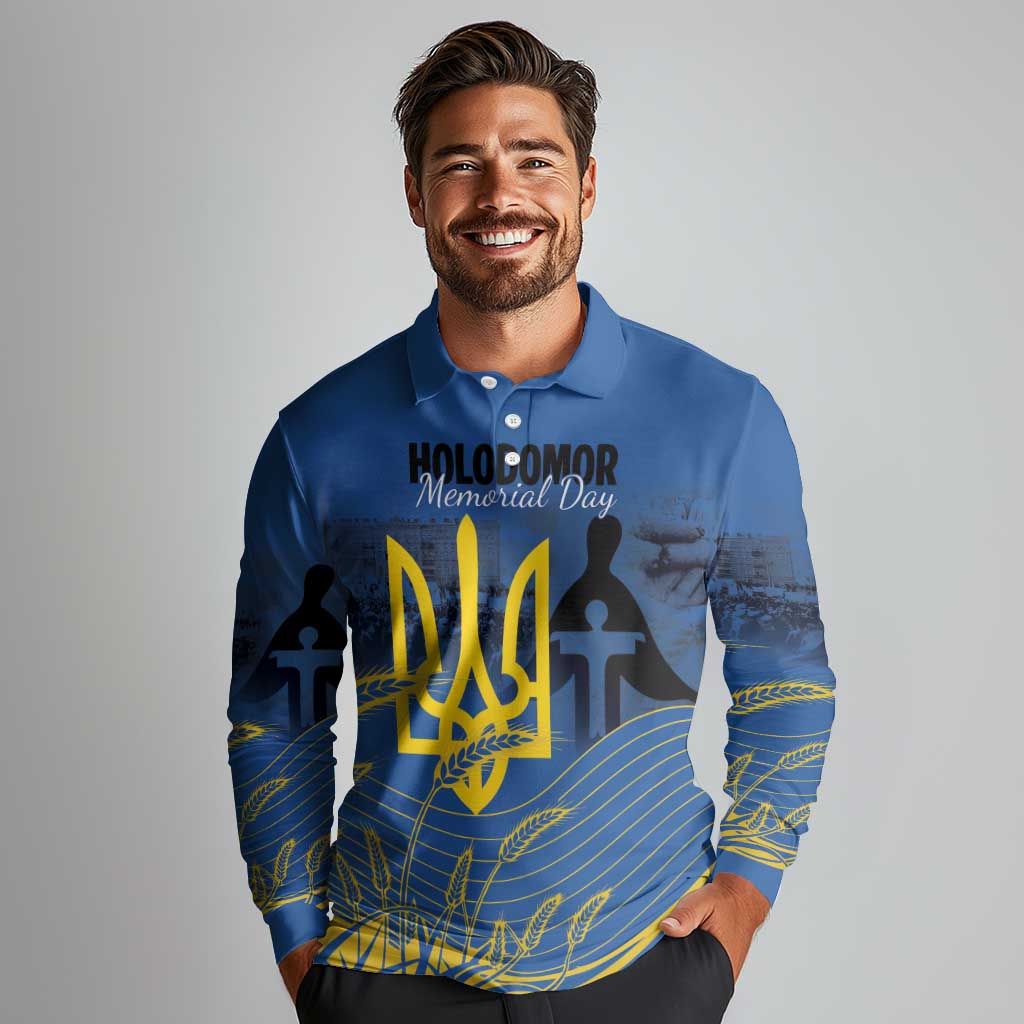 Personalized Holodomor Memorial Day Long Sleeve Polo Shirt Ukrainian Trident And Wheat Remembrance - Wonder Print Shop