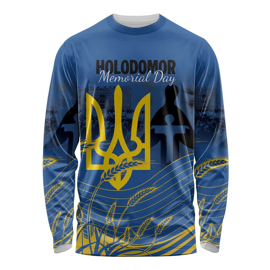 Personalized Holodomor Memorial Day Long Sleeve Shirt Ukrainian Trident And Wheat Remembrance - Wonder Print Shop