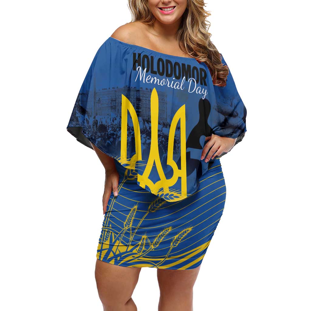 Personalized Holodomor Memorial Day Off Shoulder Short Dress Ukrainian Trident And Wheat Remembrance - Wonder Print Shop