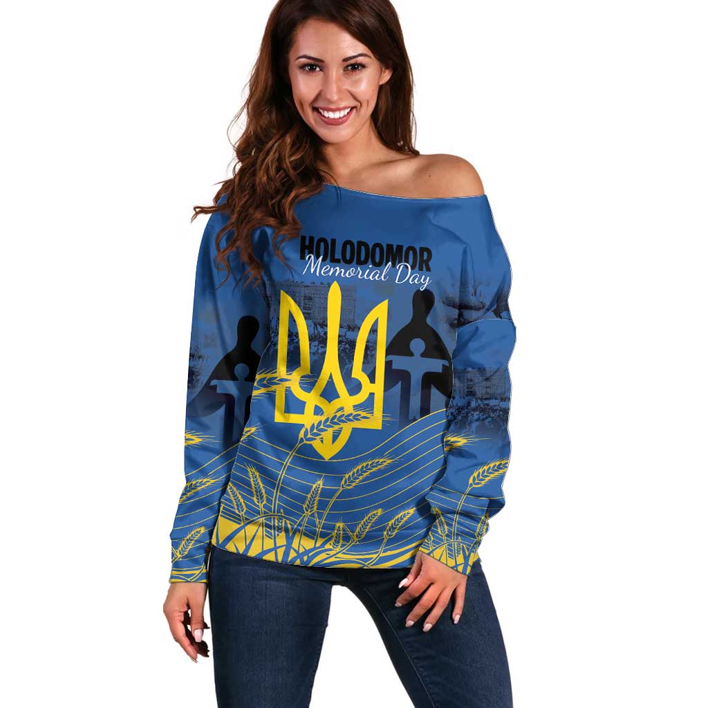 Personalized Holodomor Memorial Day Off Shoulder Sweater Ukrainian Trident And Wheat Remembrance - Wonder Print Shop