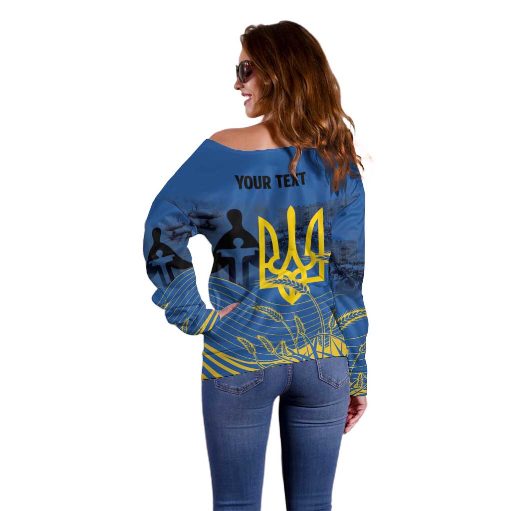Personalized Holodomor Memorial Day Off Shoulder Sweater Ukrainian Trident And Wheat Remembrance - Wonder Print Shop