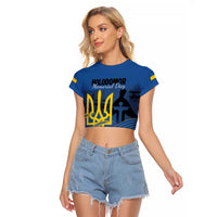Personalized Holodomor Memorial Day Raglan Cropped T Shirt Ukrainian Trident And Wheat Remembrance - Wonder Print Shop