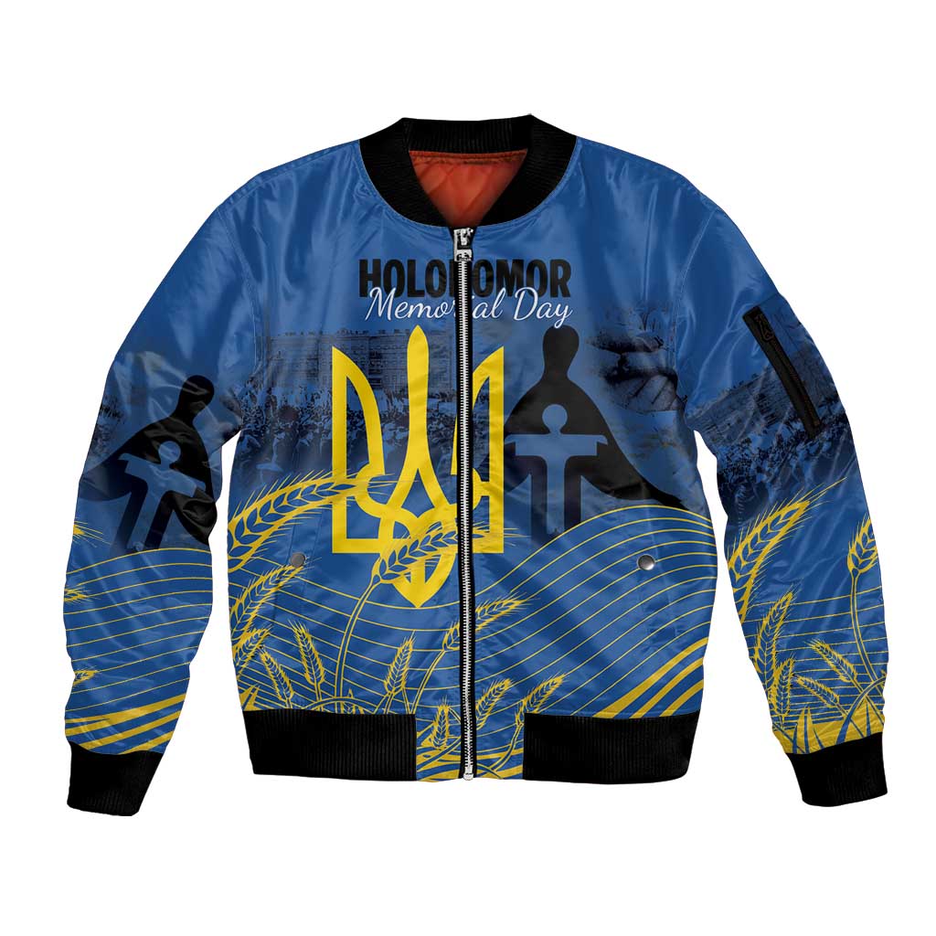 Personalized Holodomor Memorial Day Sleeve Zip Bomber Jacket Ukrainian Trident And Wheat Remembrance - Wonder Print Shop