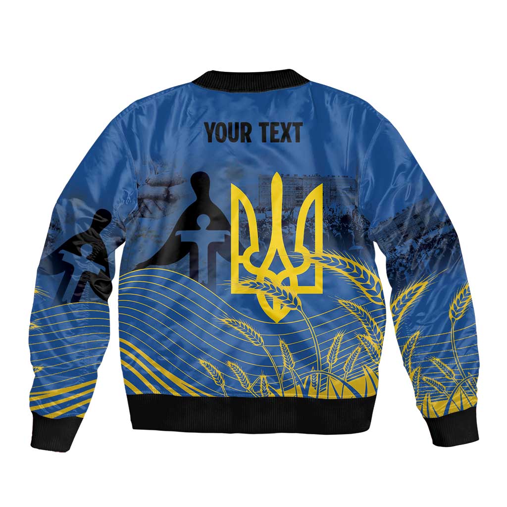 Personalized Holodomor Memorial Day Sleeve Zip Bomber Jacket Ukrainian Trident And Wheat Remembrance - Wonder Print Shop
