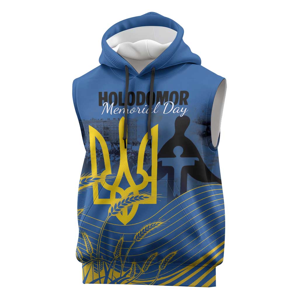 Personalized Holodomor Memorial Day Sleeveless Hoodie Ukrainian Trident And Wheat Remembrance - Wonder Print Shop
