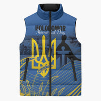 Personalized Holodomor Memorial Day Sleeveless Puffer Jacket Ukrainian Trident And Wheat Remembrance - Wonder Print Shop
