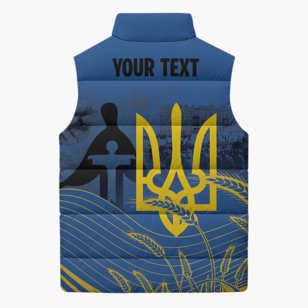 Personalized Holodomor Memorial Day Sleeveless Puffer Jacket Ukrainian Trident And Wheat Remembrance - Wonder Print Shop