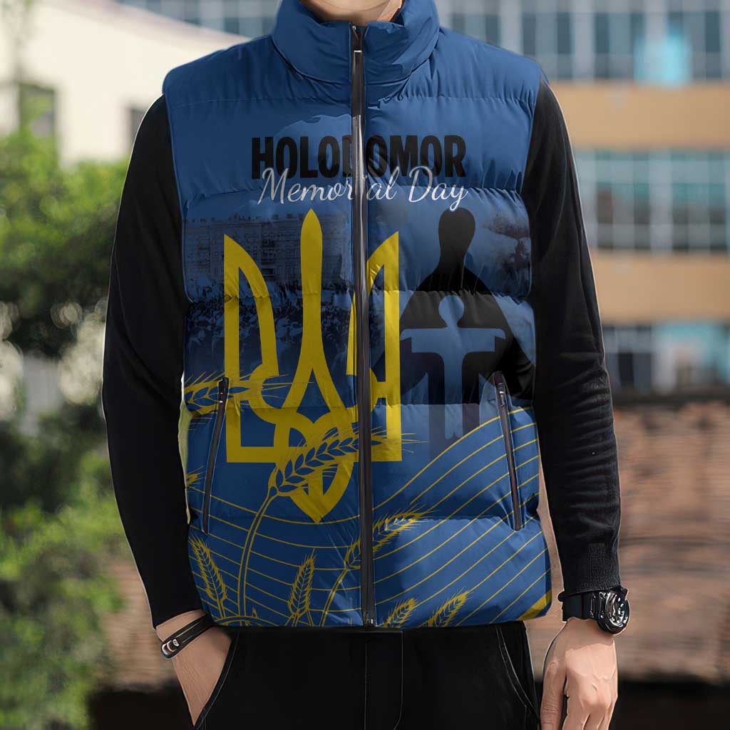 Personalized Holodomor Memorial Day Sleeveless Puffer Jacket Ukrainian Trident And Wheat Remembrance - Wonder Print Shop
