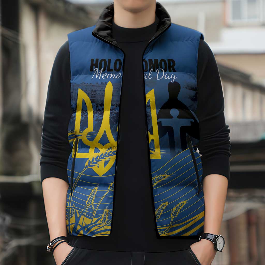 Personalized Holodomor Memorial Day Sleeveless Puffer Jacket Ukrainian Trident And Wheat Remembrance - Wonder Print Shop