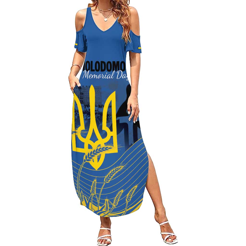 Personalized Holodomor Memorial Day Summer Maxi Dress Ukrainian Trident And Wheat Remembrance - Wonder Print Shop