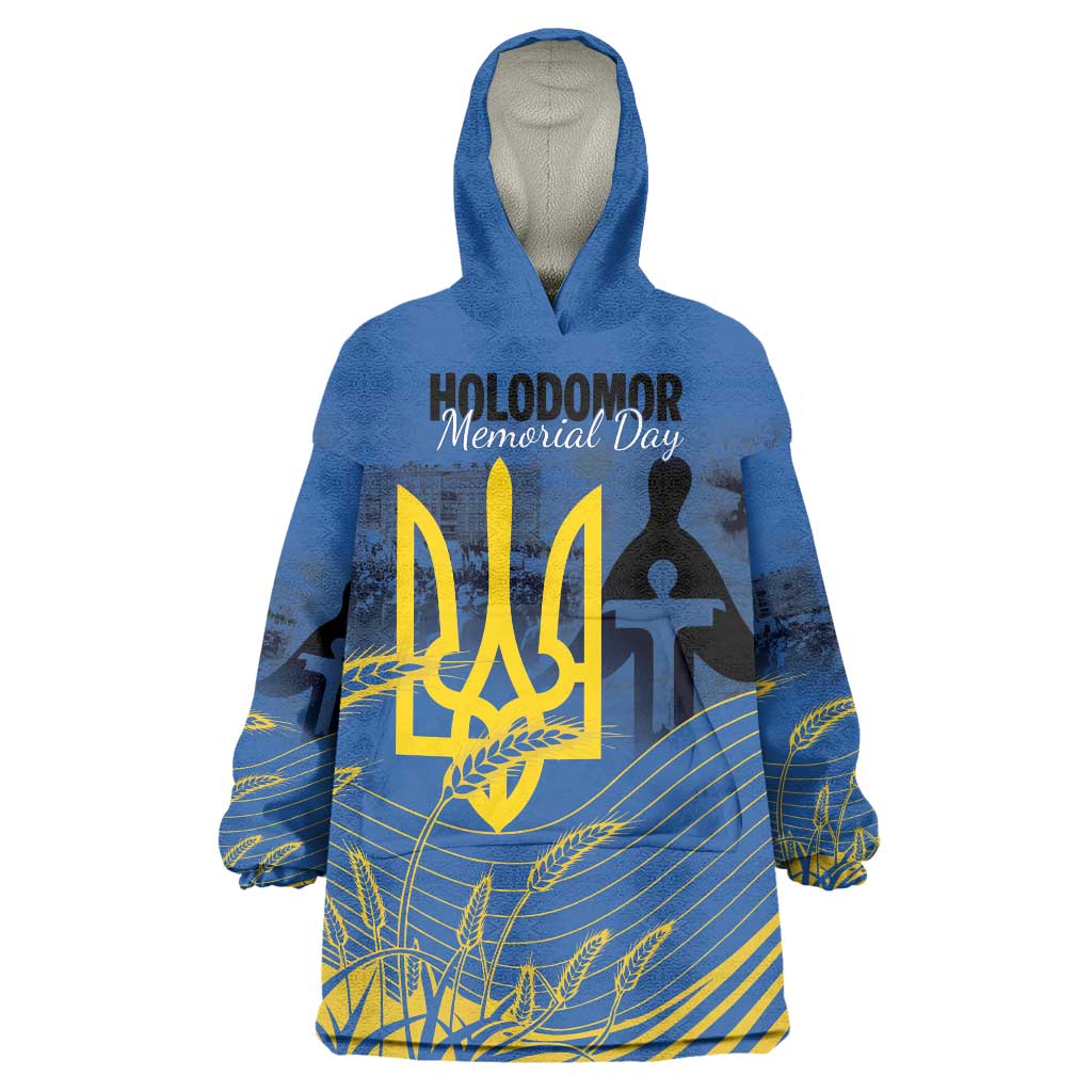 Personalized Holodomor Memorial Day Wearable Blanket Hoodie Ukrainian Trident And Wheat Remembrance - Wonder Print Shop