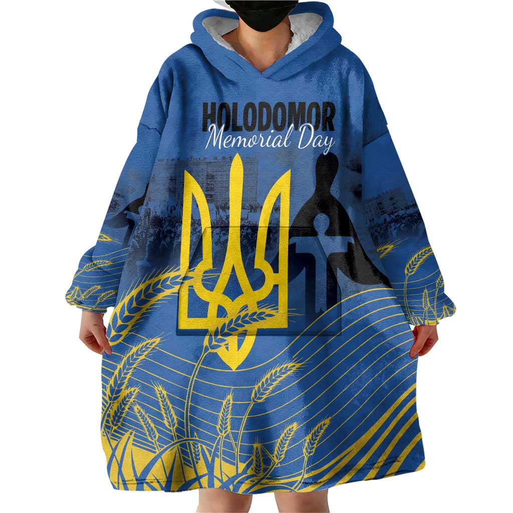 Personalized Holodomor Memorial Day Wearable Blanket Hoodie Ukrainian Trident And Wheat Remembrance - Wonder Print Shop