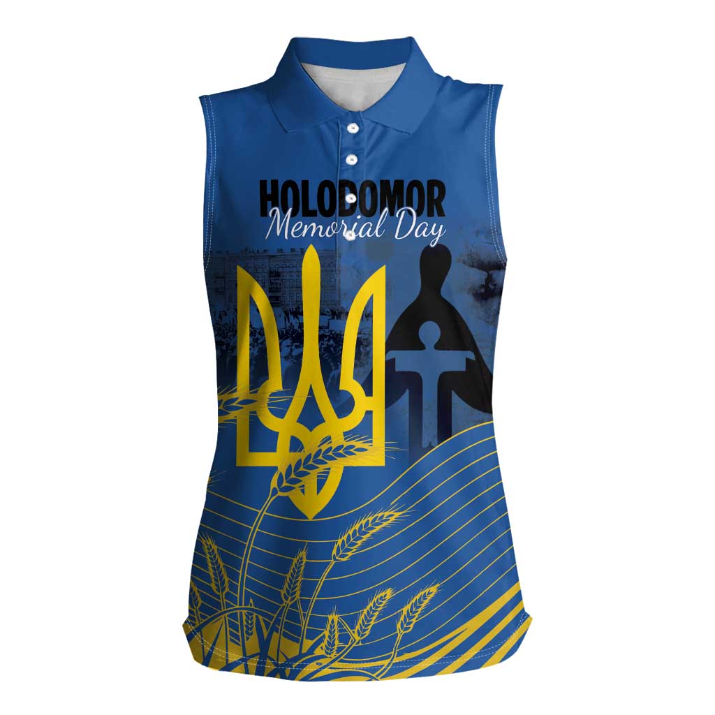 Personalized Holodomor Memorial Day Women Sleeveless Polo Shirt Ukrainian Trident And Wheat Remembrance - Wonder Print Shop