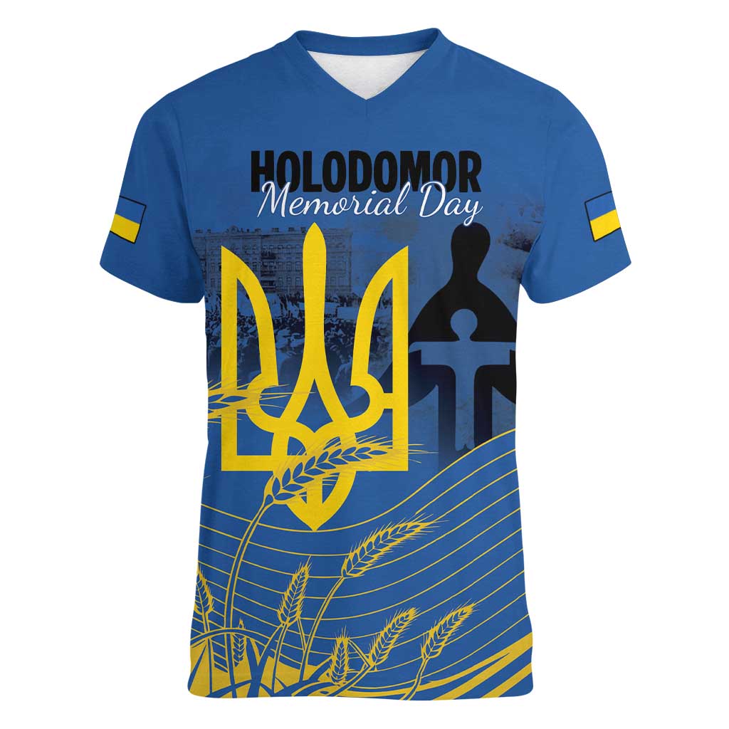 Personalized Holodomor Memorial Day Women V-Neck T-Shirt Ukrainian Trident And Wheat Remembrance - Wonder Print Shop