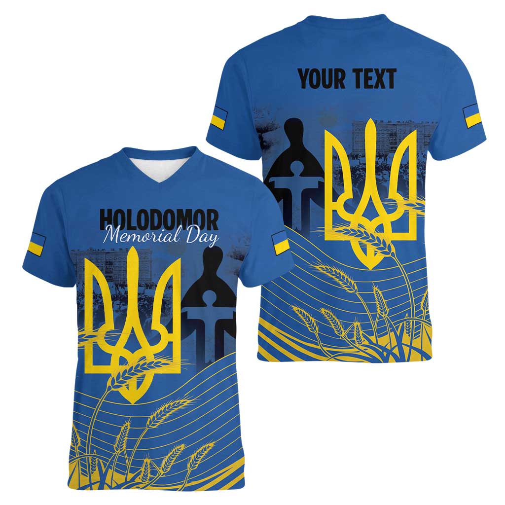 Personalized Holodomor Memorial Day Women V-Neck T-Shirt Ukrainian Trident And Wheat Remembrance - Wonder Print Shop