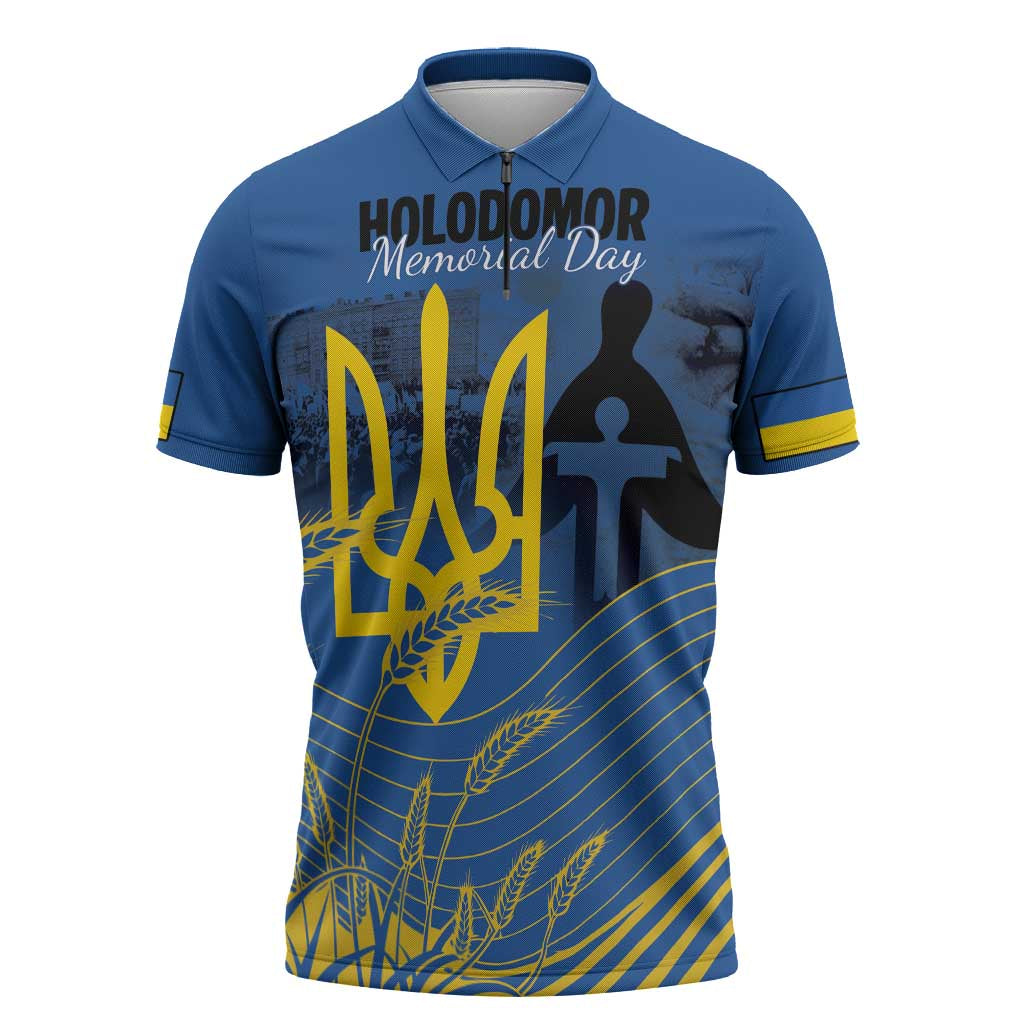 Personalized Holodomor Memorial Day Zipper Polo Shirt Ukrainian Trident And Wheat Remembrance - Wonder Print Shop