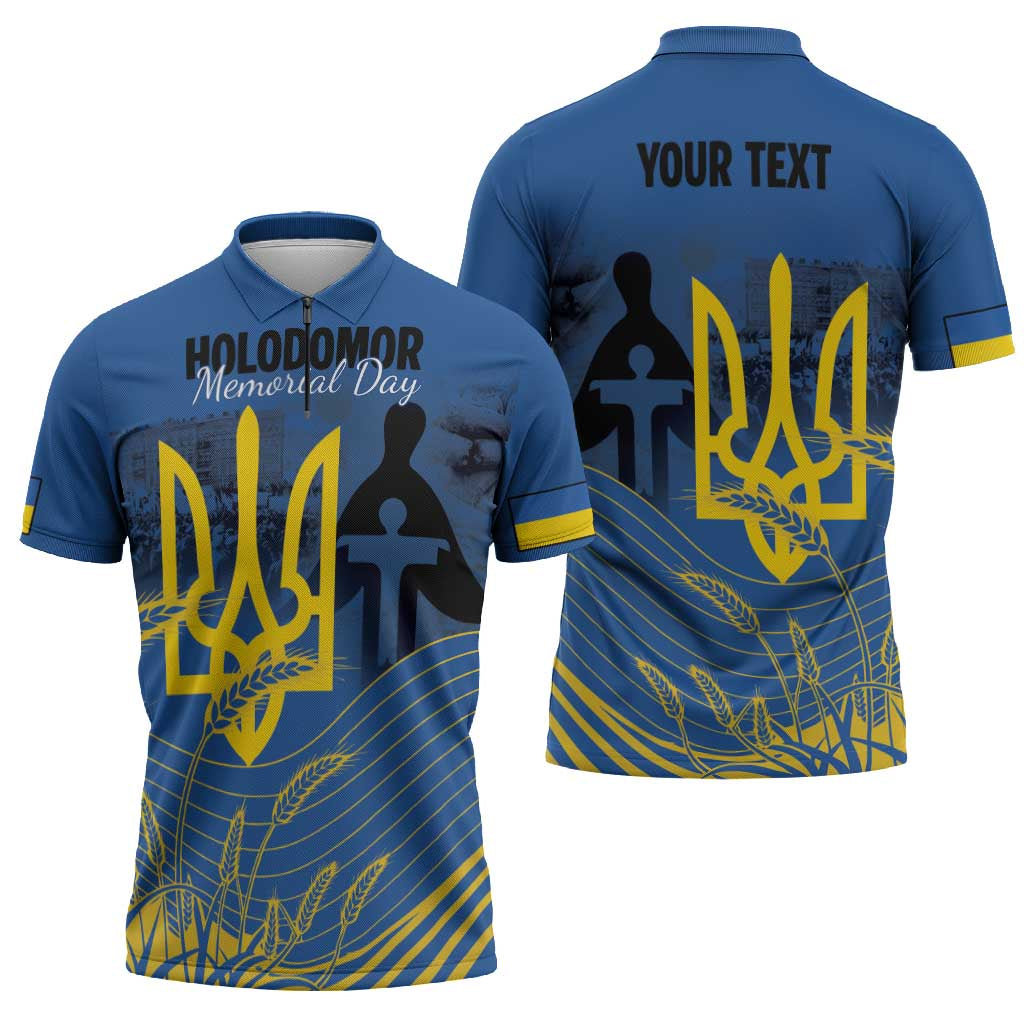 Personalized Holodomor Memorial Day Zipper Polo Shirt Ukrainian Trident And Wheat Remembrance - Wonder Print Shop