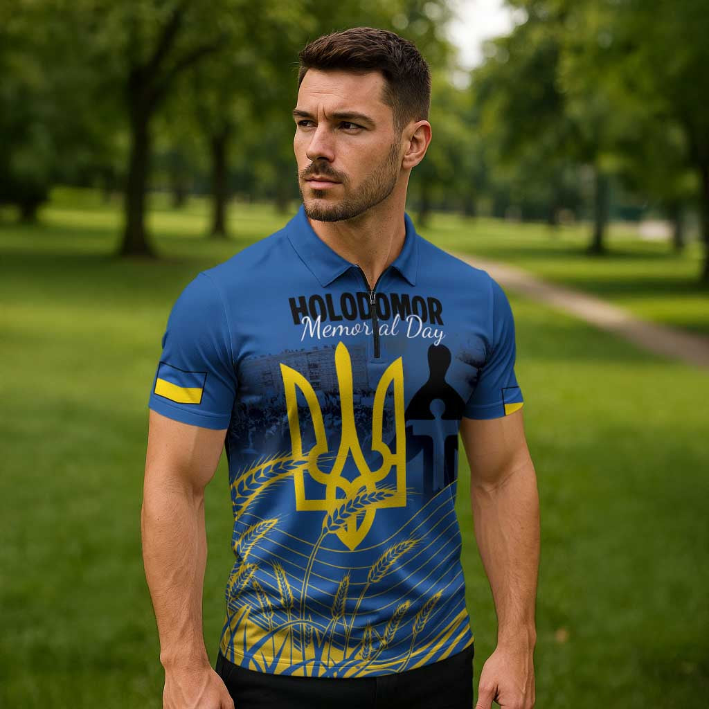 Personalized Holodomor Memorial Day Zipper Polo Shirt Ukrainian Trident And Wheat Remembrance - Wonder Print Shop