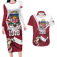 Personalized Latvia Independence Day Couples Matching Long Sleeve Bodycon Dress and Hawaiian Shirt 18th November 1918 - Wonder Print Shop
