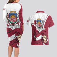 Personalized Latvia Independence Day Couples Matching Long Sleeve Bodycon Dress and Hawaiian Shirt 18th November 1918 - Wonder Print Shop