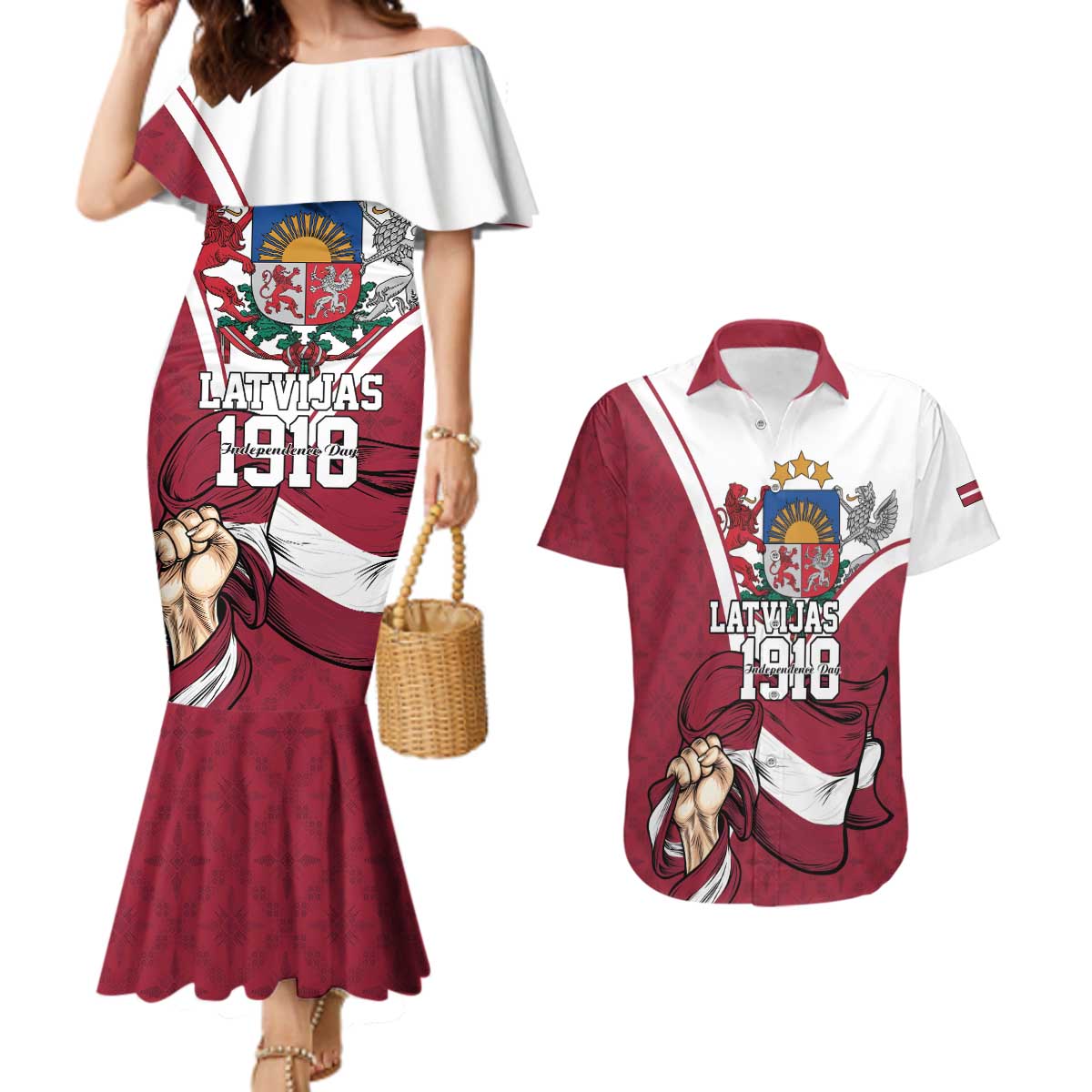 Personalized Latvia Independence Day Couples Matching Mermaid Dress and Hawaiian Shirt 18th November 1918 - Wonder Print Shop