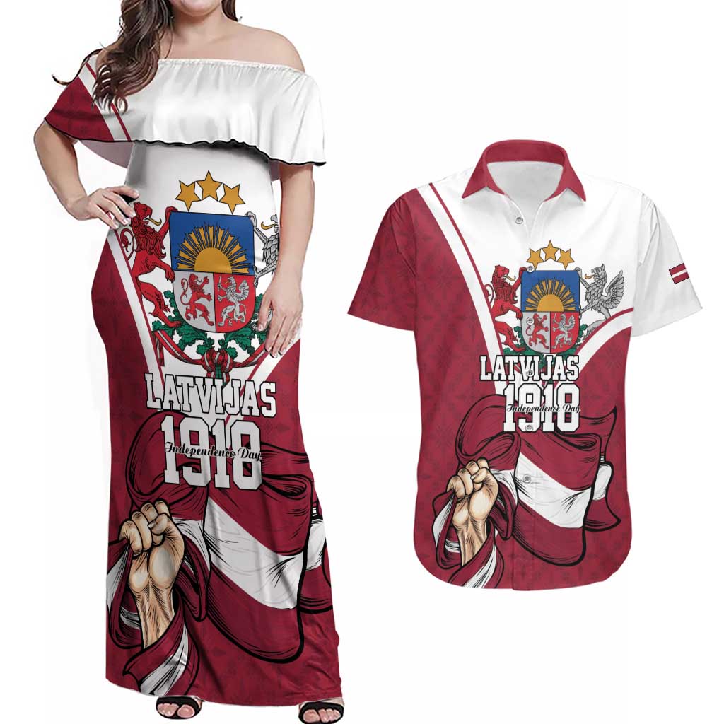 Personalized Latvia Independence Day Couples Matching Off Shoulder Maxi Dress and Hawaiian Shirt 18th November 1918 - Wonder Print Shop