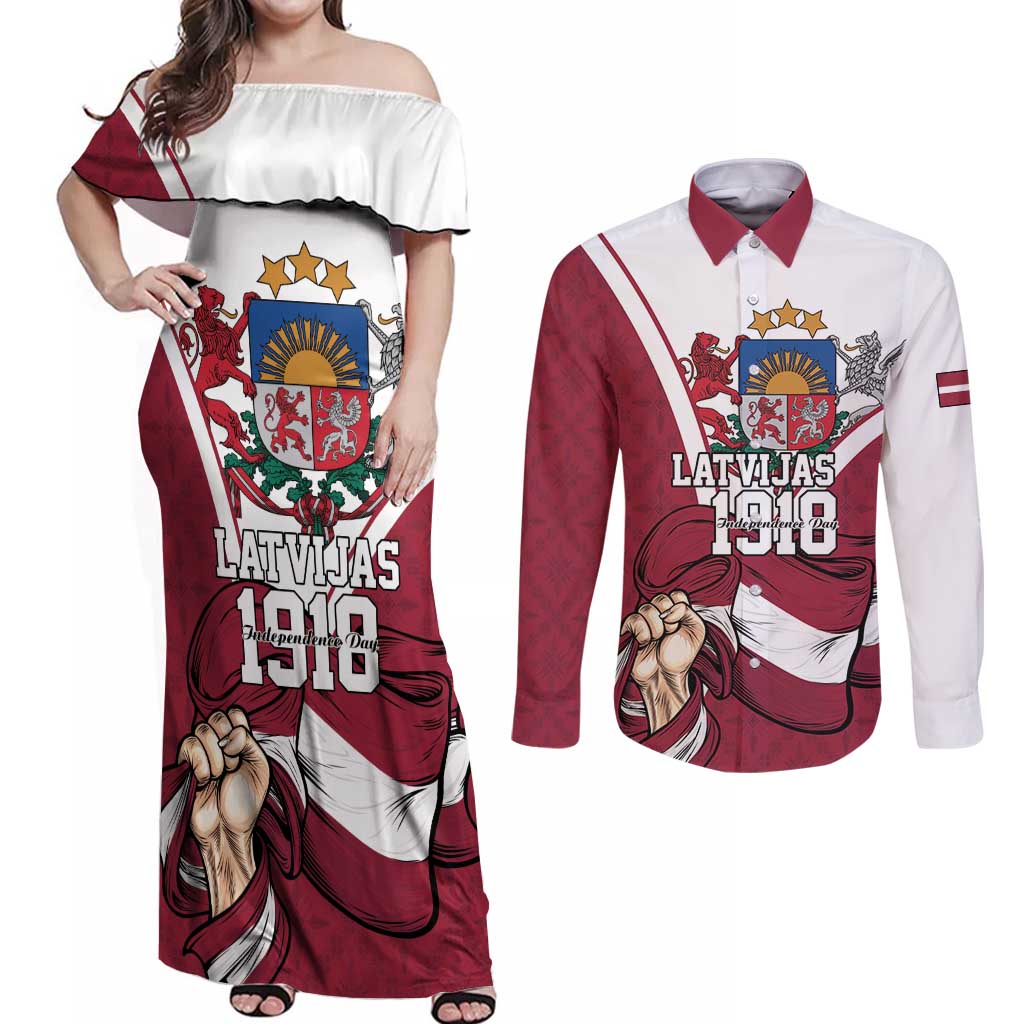 Personalized Latvia Independence Day Couples Matching Off Shoulder Maxi Dress and Long Sleeve Button Shirt 18th November 1918 - Wonder Print Shop