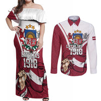 Personalized Latvia Independence Day Couples Matching Off Shoulder Maxi Dress and Long Sleeve Button Shirt 18th November 1918 - Wonder Print Shop