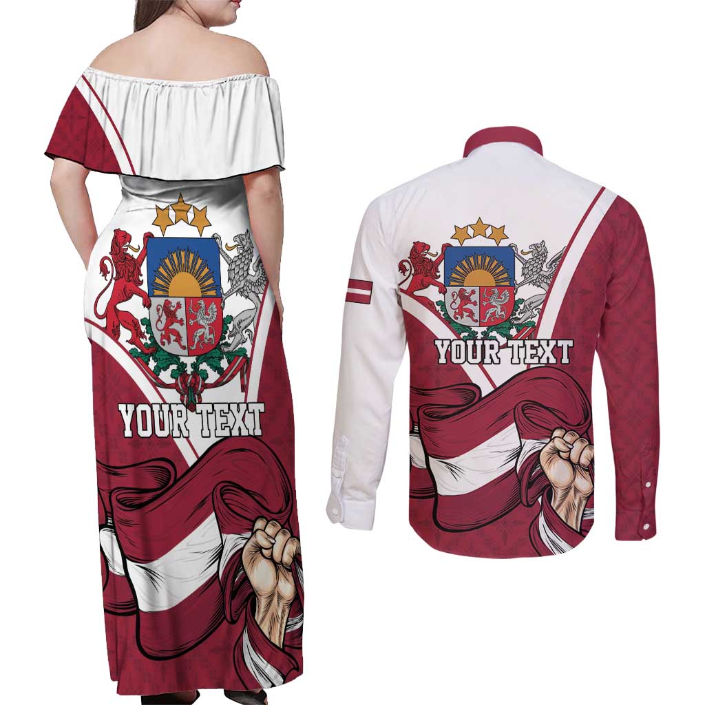 Personalized Latvia Independence Day Couples Matching Off Shoulder Maxi Dress and Long Sleeve Button Shirt 18th November 1918 - Wonder Print Shop