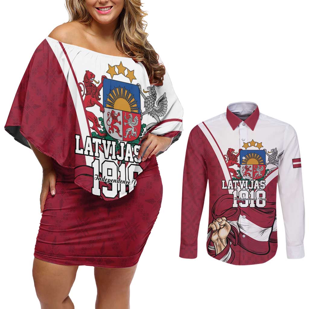 Personalized Latvia Independence Day Couples Matching Off Shoulder Short Dress and Long Sleeve Button Shirt 18th November 1918 - Wonder Print Shop