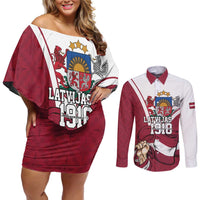 Personalized Latvia Independence Day Couples Matching Off Shoulder Short Dress and Long Sleeve Button Shirt 18th November 1918 - Wonder Print Shop