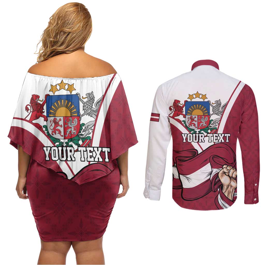 Personalized Latvia Independence Day Couples Matching Off Shoulder Short Dress and Long Sleeve Button Shirt 18th November 1918 - Wonder Print Shop