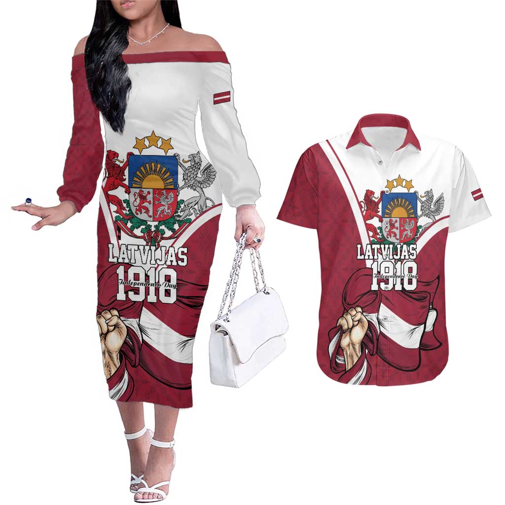 Personalized Latvia Independence Day Couples Matching Off The Shoulder Long Sleeve Dress and Hawaiian Shirt 18th November 1918 - Wonder Print Shop