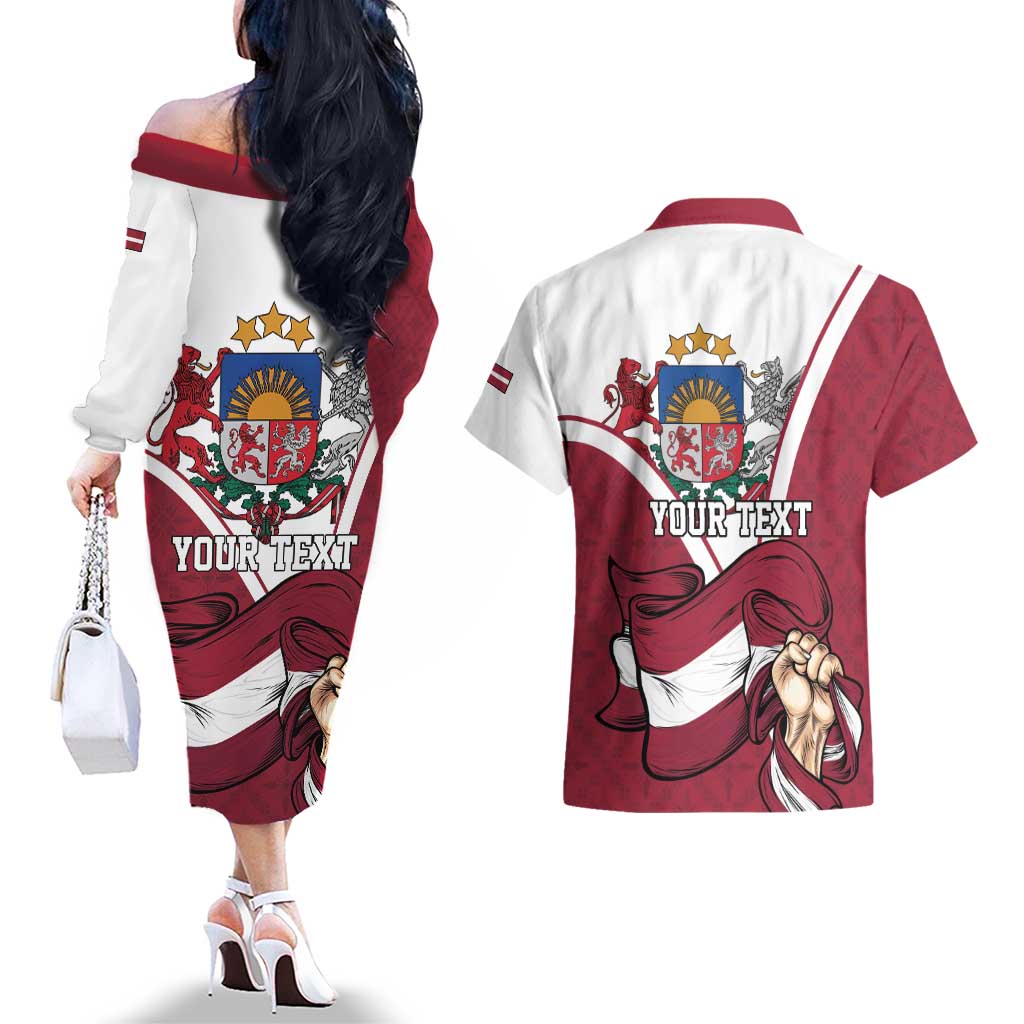 Personalized Latvia Independence Day Couples Matching Off The Shoulder Long Sleeve Dress and Hawaiian Shirt 18th November 1918 - Wonder Print Shop