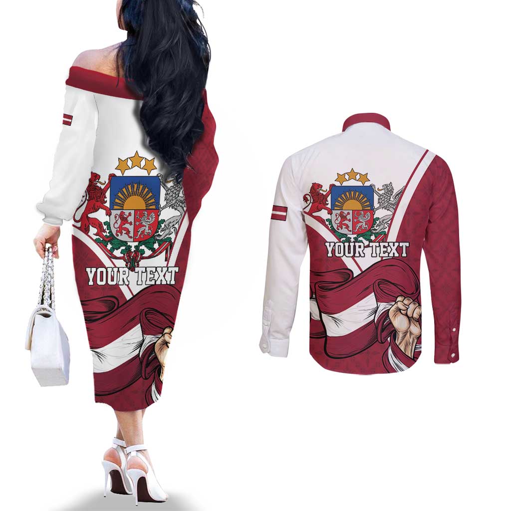 Personalized Latvia Independence Day Couples Matching Off The Shoulder Long Sleeve Dress and Long Sleeve Button Shirt 18th November 1918 - Wonder Print Shop