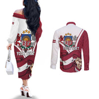 Personalized Latvia Independence Day Couples Matching Off The Shoulder Long Sleeve Dress and Long Sleeve Button Shirt 18th November 1918 - Wonder Print Shop