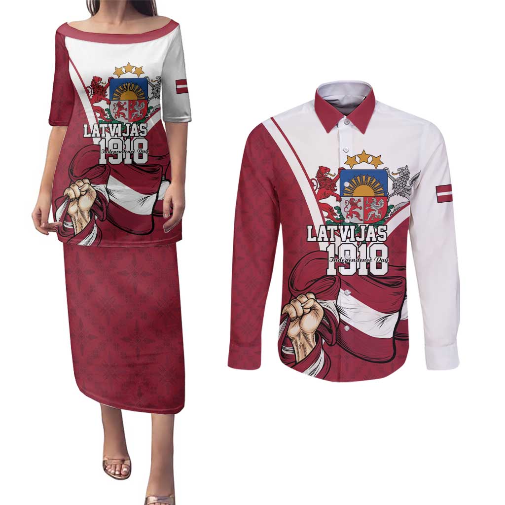 Personalized Latvia Independence Day Couples Matching Puletasi and Long Sleeve Button Shirt 18th November 1918 - Wonder Print Shop