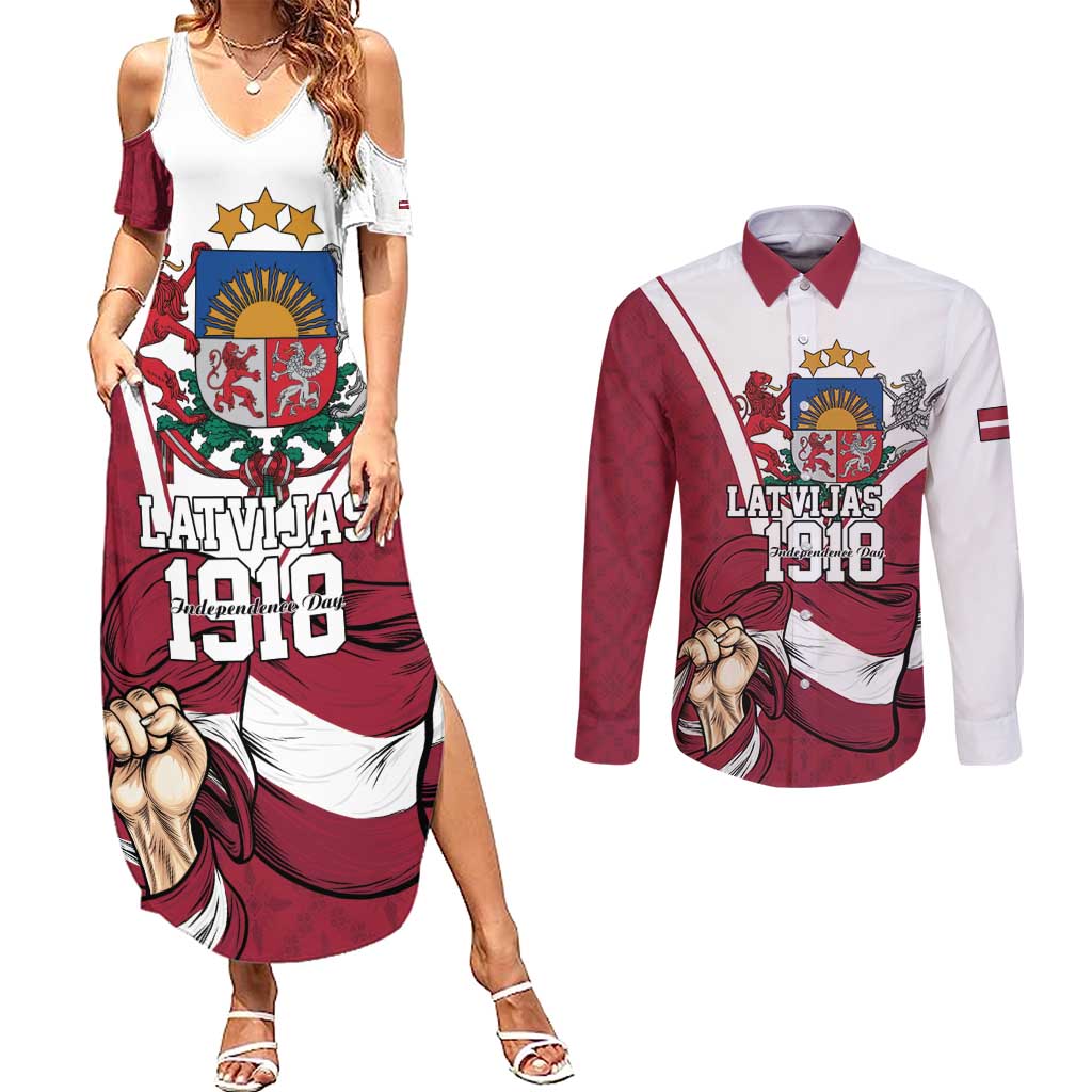 Personalized Latvia Independence Day Couples Matching Summer Maxi Dress and Long Sleeve Button Shirt 18th November 1918 - Wonder Print Shop